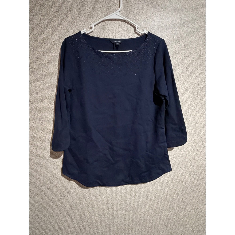 Lands' End Womens Navy Blue Beaded Boat Neck 3/4 Sleeve Blouse Top S 6-8